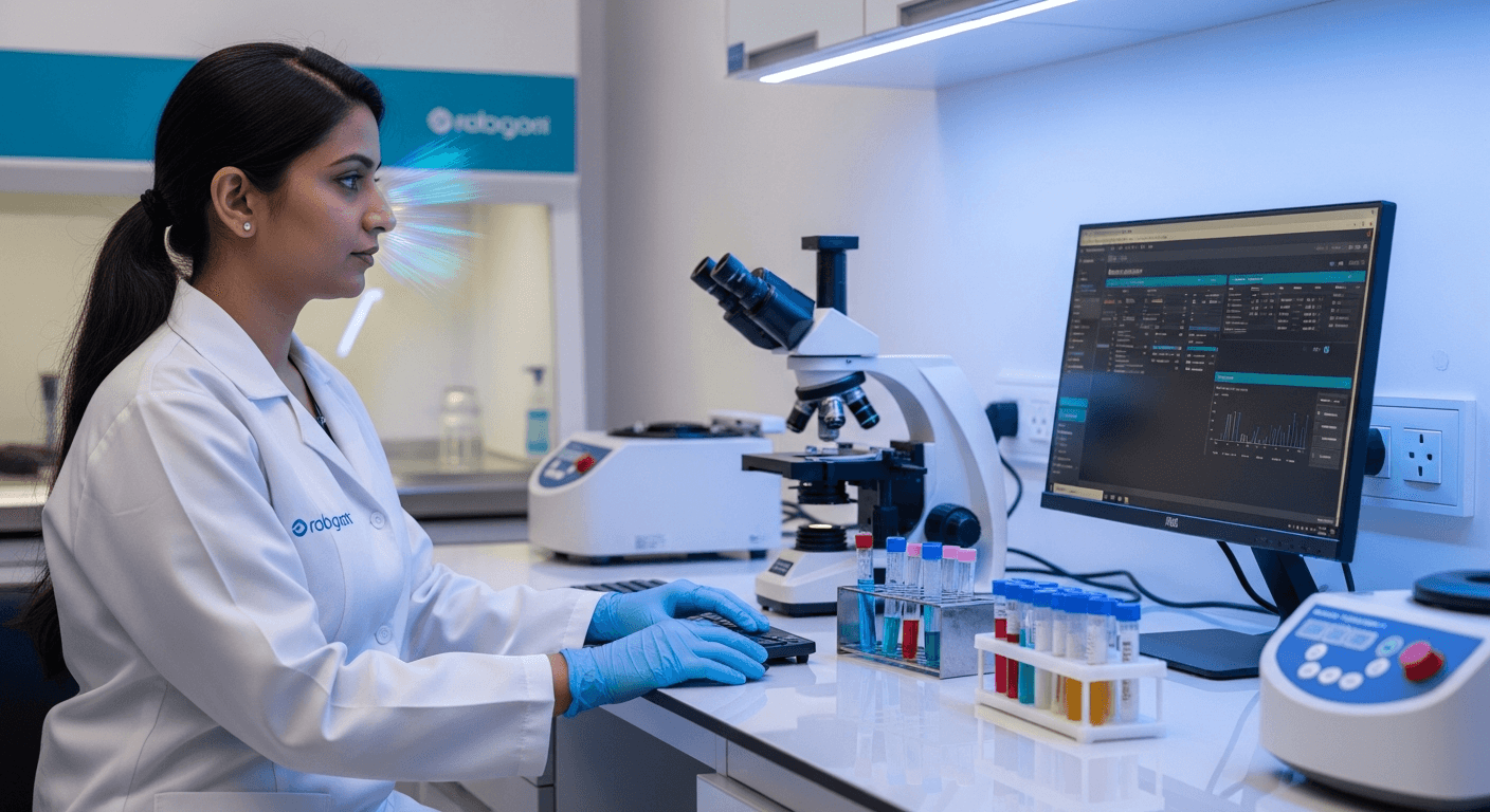 Modern Indian pathology lab with digital reporting system