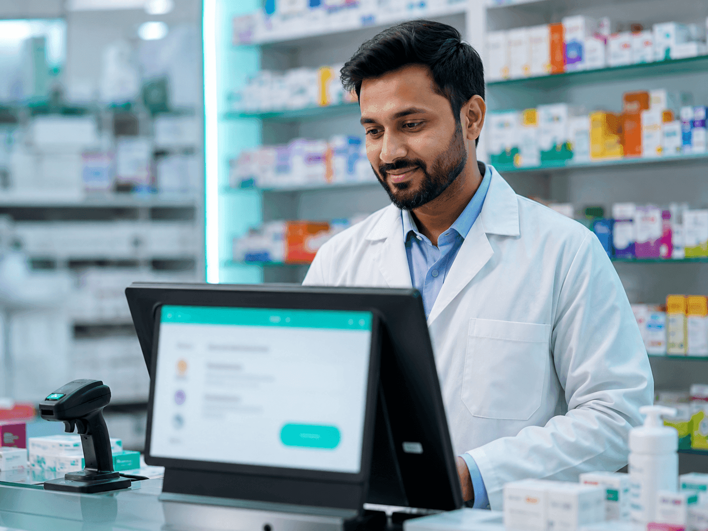 Pharmacist receiving the order at a modern pharmacy