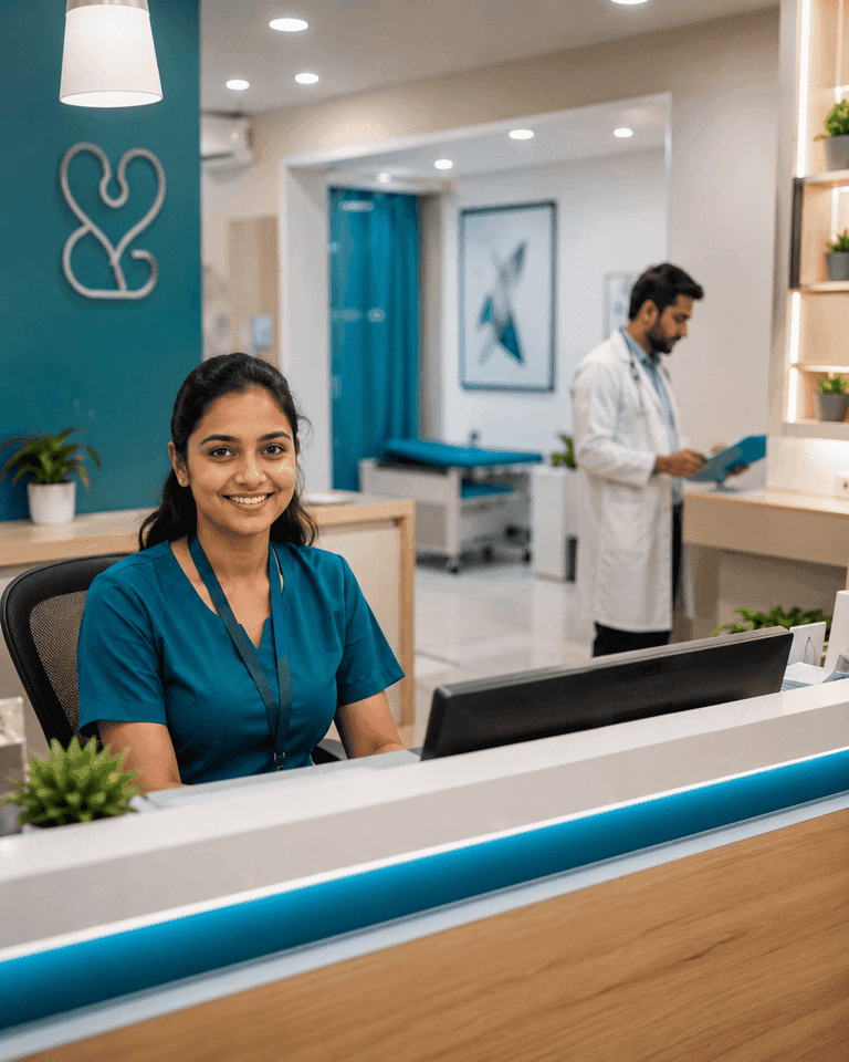 Receptionist and doctor at a small multi-doctor clinic