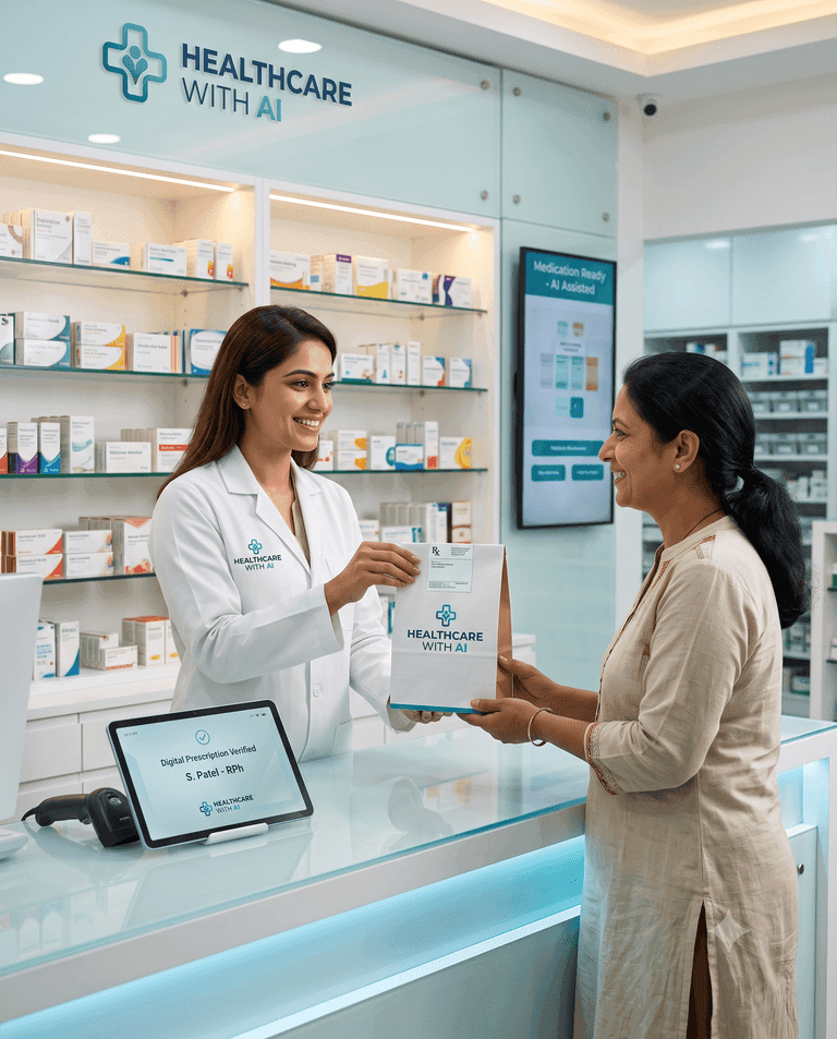 Pharmacist handing medicine to a patient